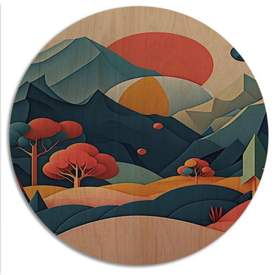 Graphique, arbres de montagne en orange et bleu IV - paysage de montagnes, art mural en bois