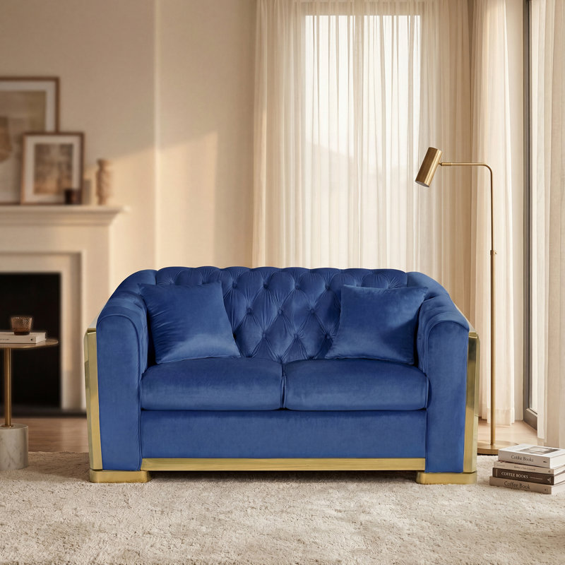62'' Tufted Velvet Loveseat Couch With Golden Accent, Blue