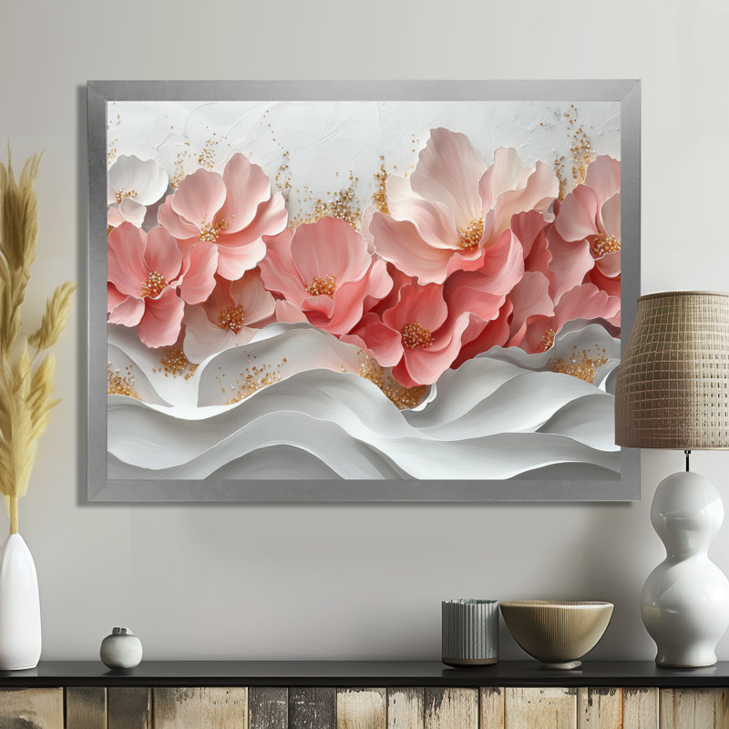 Art mural doré doré veines marbrées de pétales de fleurs I, H 30 po x l 40 po, Floater Framed, Argent argent