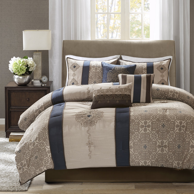 Donovan 7 Piece Jacquard Comforter Set with Throw Pillows, King Comforter + 6 Additional Pieces, Navy