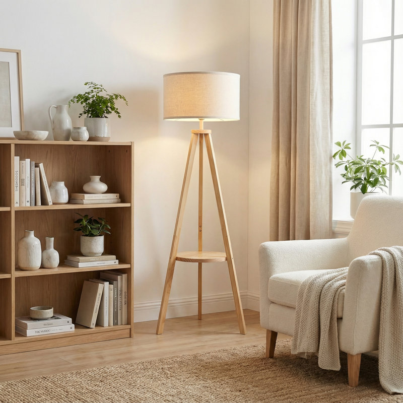 Tamma Tripod Floor Lamp With Shelf, Standing Light Reading Lamp With Large Lampshade, Foot Switch