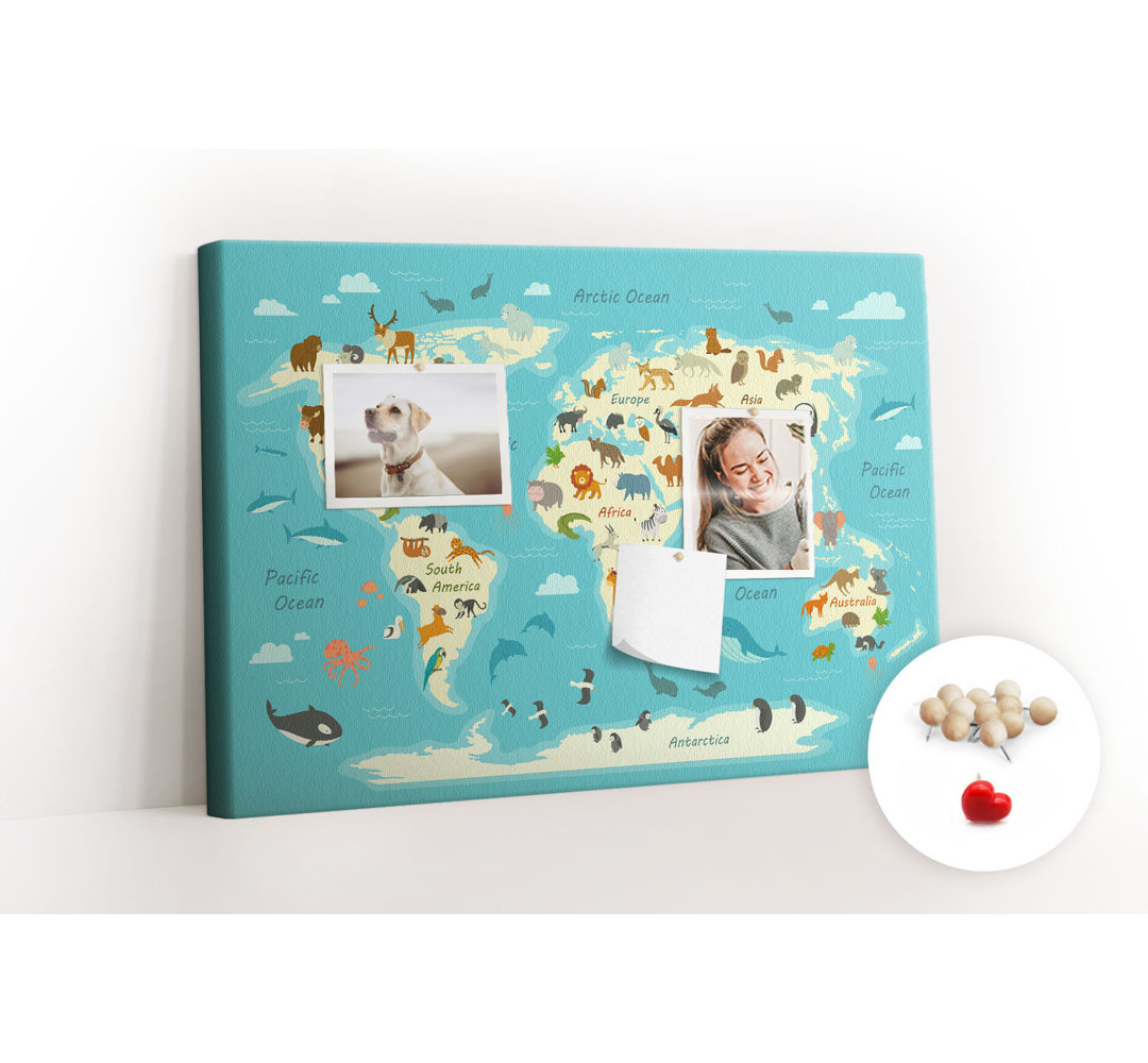 Wall Mounted cork board with print decorative wall message pin boards for office bulletin board ideas Animals world map