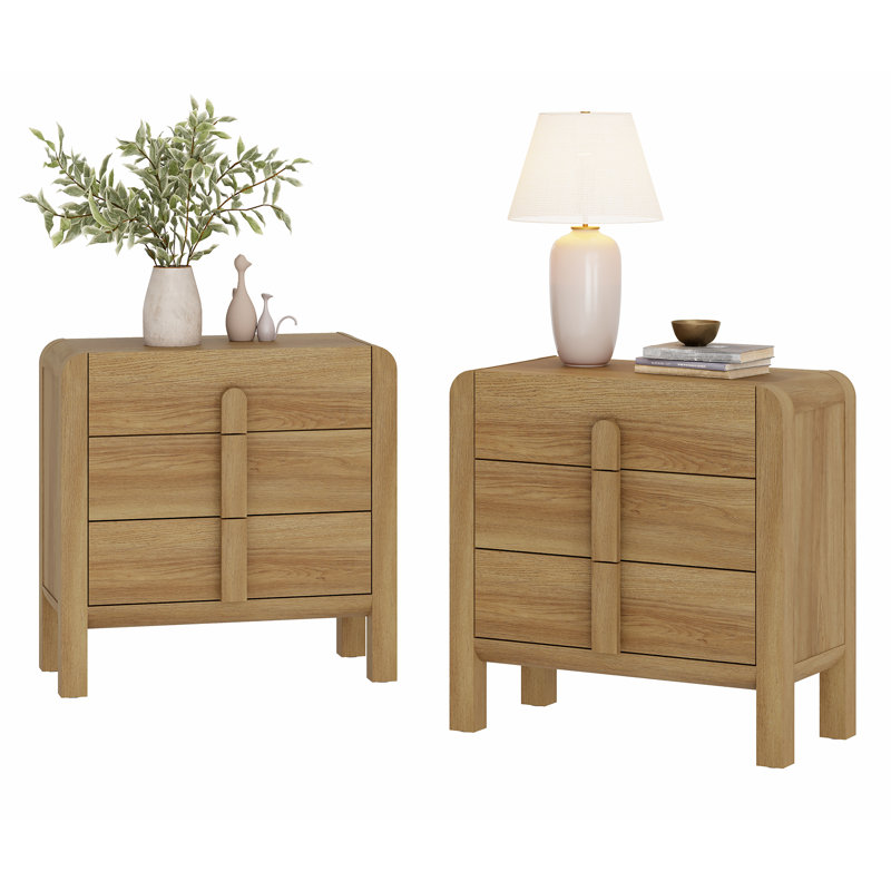 Adora Modern Wood Nightstand Set Of 2 With 3 Drawers ,31.5" Large Mid-Century End Table,Curved Bedside Table Storage Cabinet For Bedroom, Living Room,Entryway