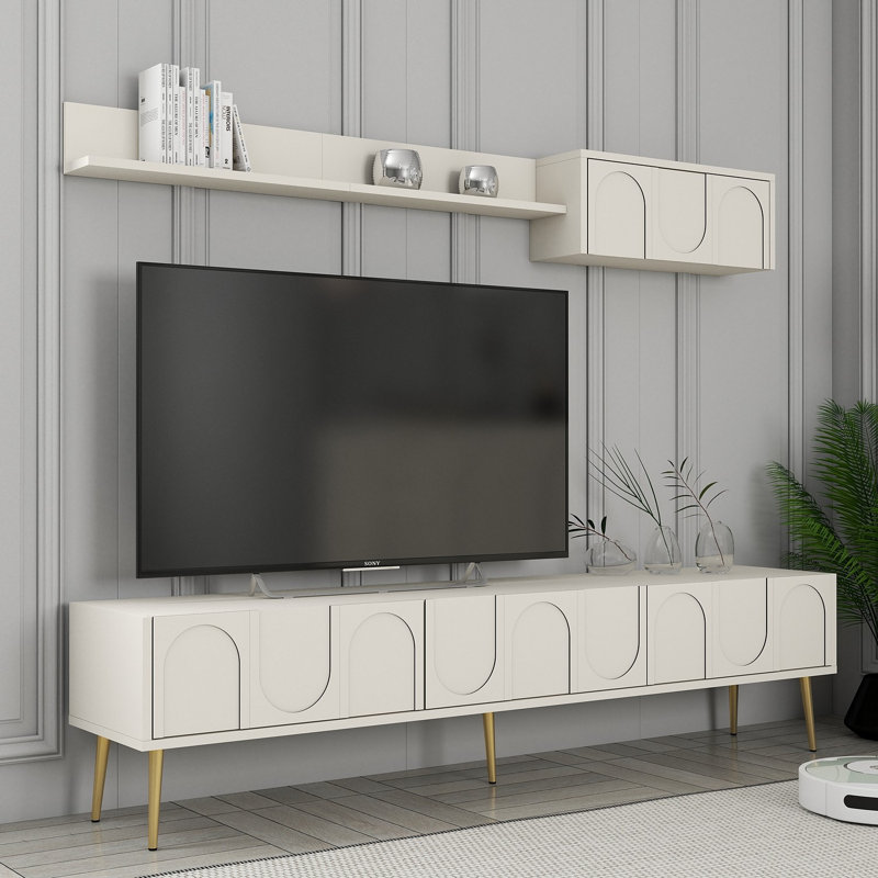 Ensemble de télé moderne et tablette murale, crème et or, 70,9 x 16,9 x 13,8 pouces | 100% panneau de particules enduit de mélamine, épaisseur: 0,7 pouce | Nombreuses tablettes murales au design géométrique élégant pour le salon et les espaces de divertissement