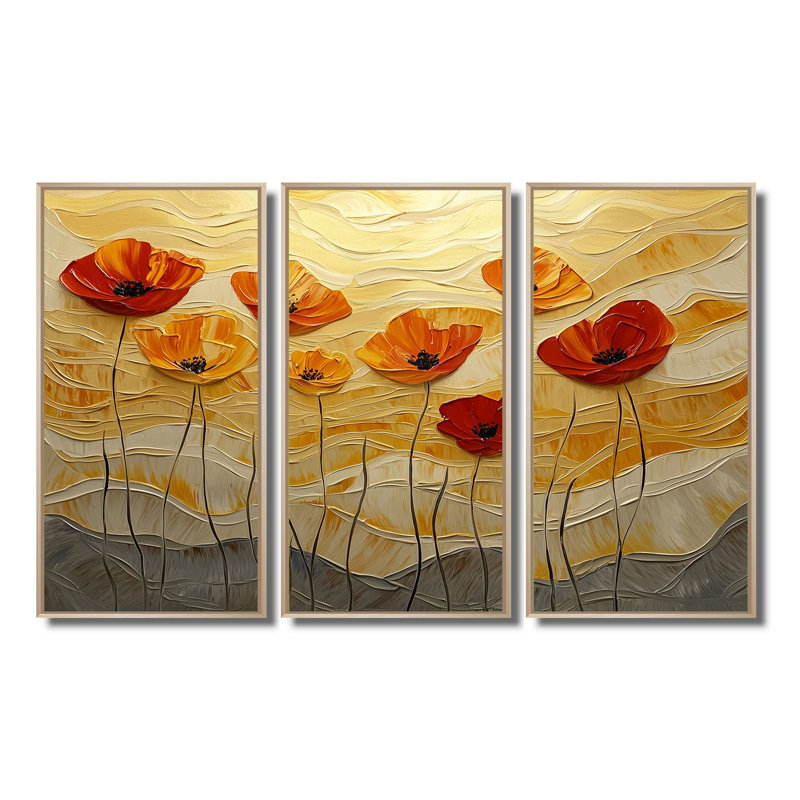 Coucher de soleil sur les vagues du champ de coquelicots II - Art mural grand coquelicots - 3 panneaux, H 40 po x l 60 po