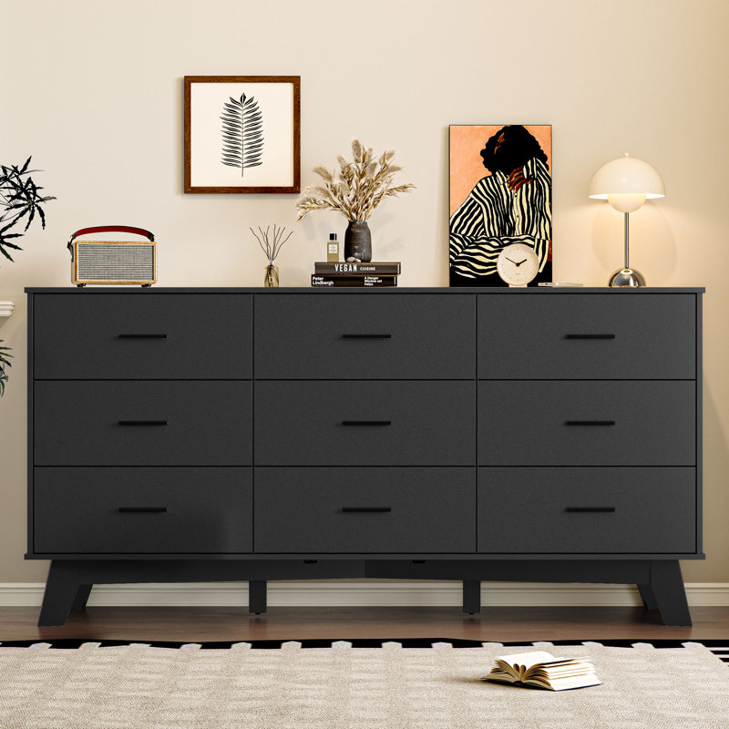 9 Drawer Wide Modern Chest Of Drawers With X-Shaped Sturdy Base, Black