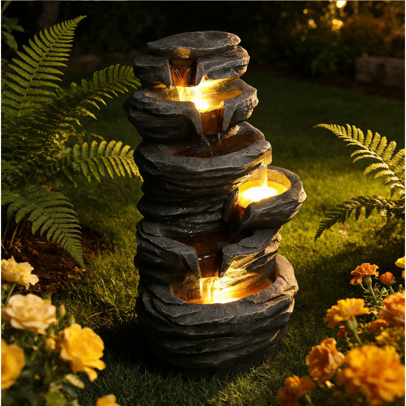 Stacked Rock Resin Outdoor Waterfall Fountain with LED Lights, Cascading Water Feature Decor for Patio, Yard, Porch & Landscape