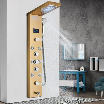 LED Shower Panel Tower Rain&Waterfall Head Handheld Sprayer Massage System Jets