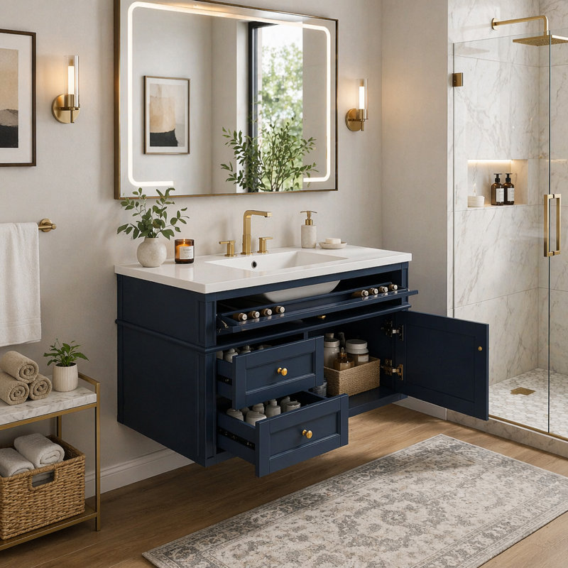 Meuble-lavabo mural 36 po, armoire de rangement flottante avec 2 tiroirs, 1 tiroir basculant, lavabo simple en céramique 3 trous, armoire moderne