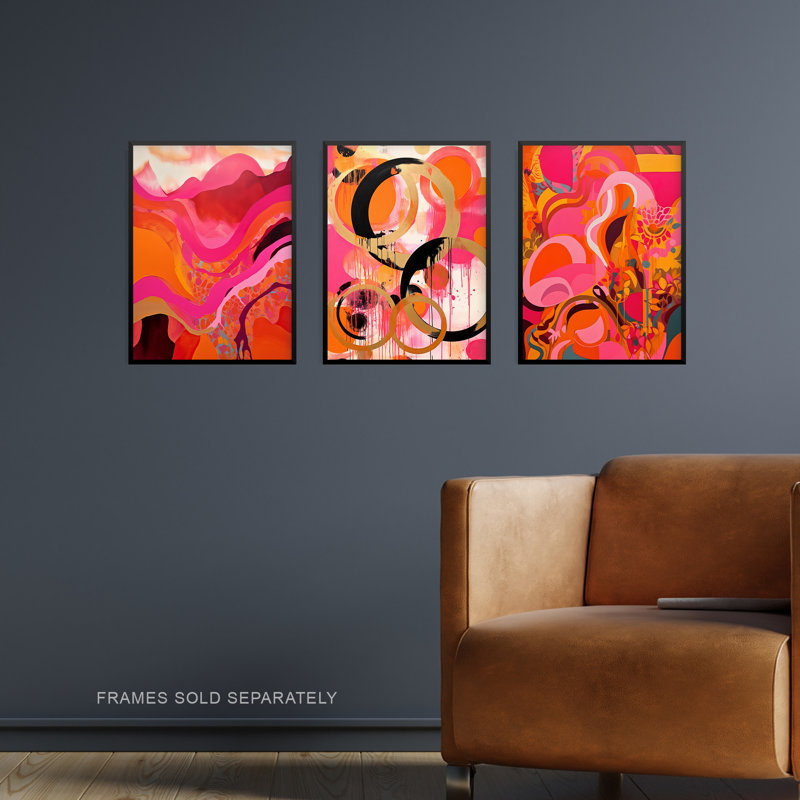 Abstract In Pink Orange Gold Shapes Waves Patterns - 3 Piece No Frame Print Set, 40.5cm H x 30.5cm W x 0.3cm D