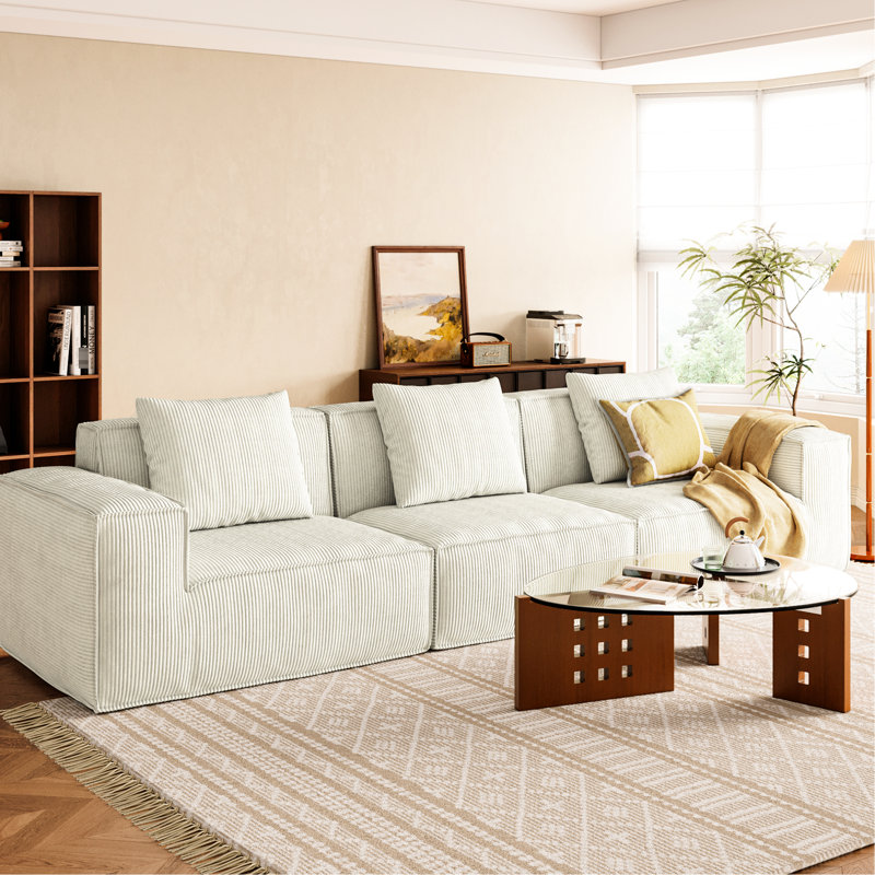 Convertible modulaire blanc pour trois personnes de 118 pouces, velours côtelé velours doux, mousse haute, soutien du corps, sans assemblage, utilisation multifonctionnelle dans un lit d'appoint convertible, combinaison, velours velours côtelé, rebond,