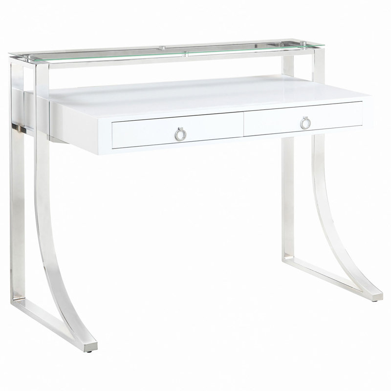 Bureau d'écriture blanc à 2 tiroirs ultrabrillant
