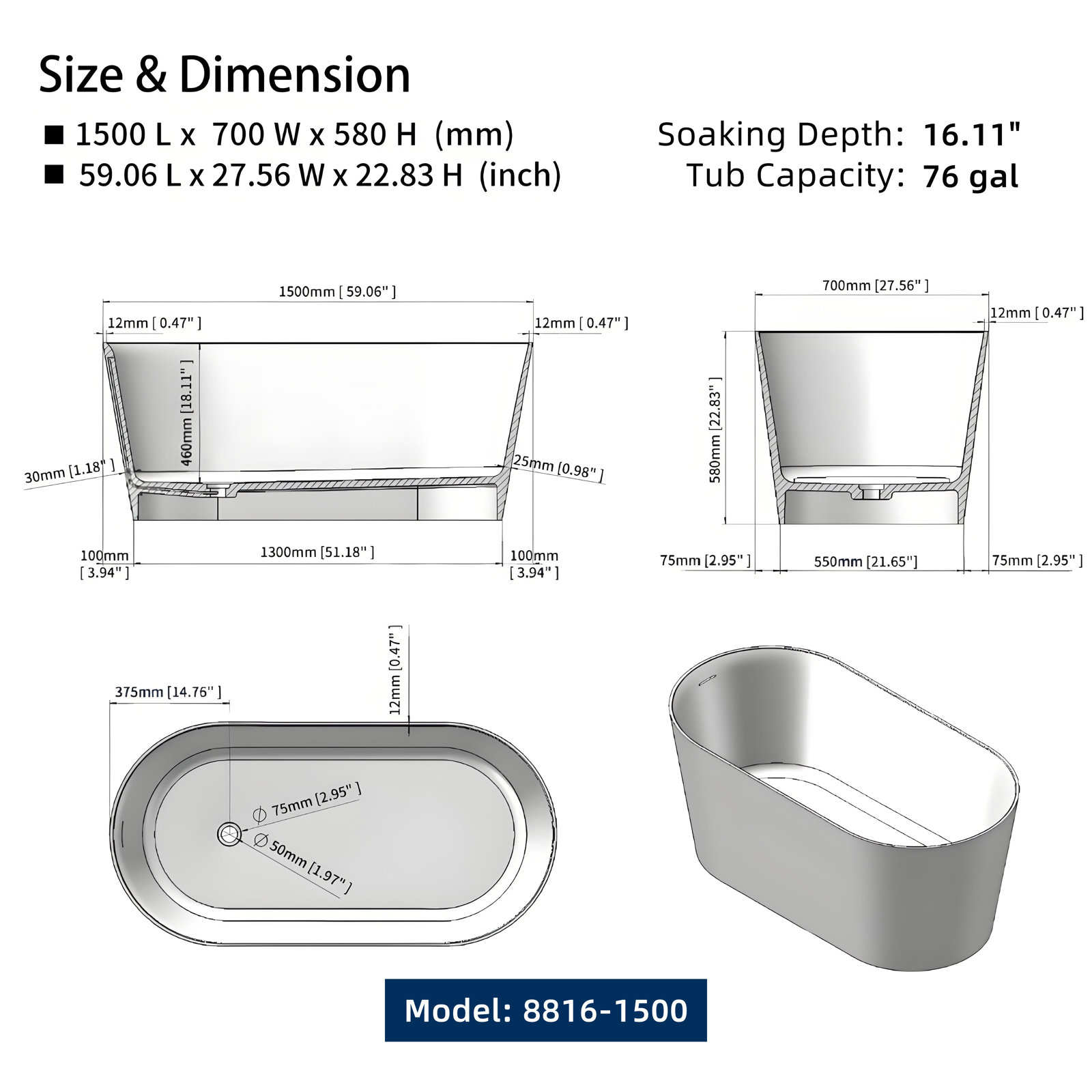 Solid Surface Oval Freestanding Soaking Bathtub, 59.06" L x 27.56" W x 22.83" H