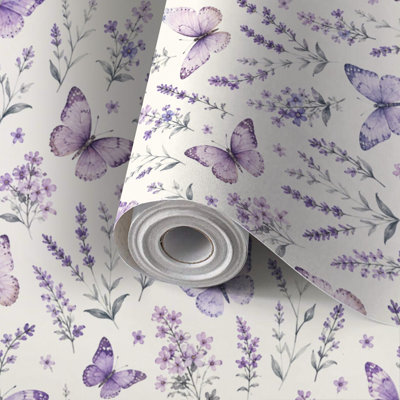 Watercolor Lavender Flowers Pink Butterflies Peel and Stick Wallpaper Removable Self-Adhesive Wall Covering Waterproof Accent Wallpaper Roll for Kids Bedroom Living Room Kitchen 22.8" x 118"