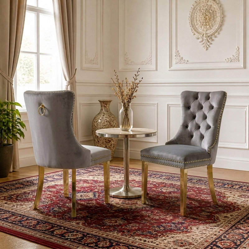 Modern Velvet Upholstered Dining Chair with Tufted Back, Nailhead Trim, Gray Velvet-Gold Leg