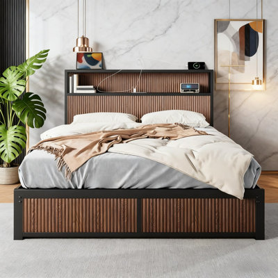 Brown Wooden Storage Bed Frame, Queen Size Platform Bed with Multiple Drawers, Bedside Charging Socket & Large Raised Pattern(Mattress not included)