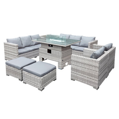 Malta Rattan 10 Seat Rising Firepit U-Shape Set in Dove Grey with 2 Footstools
