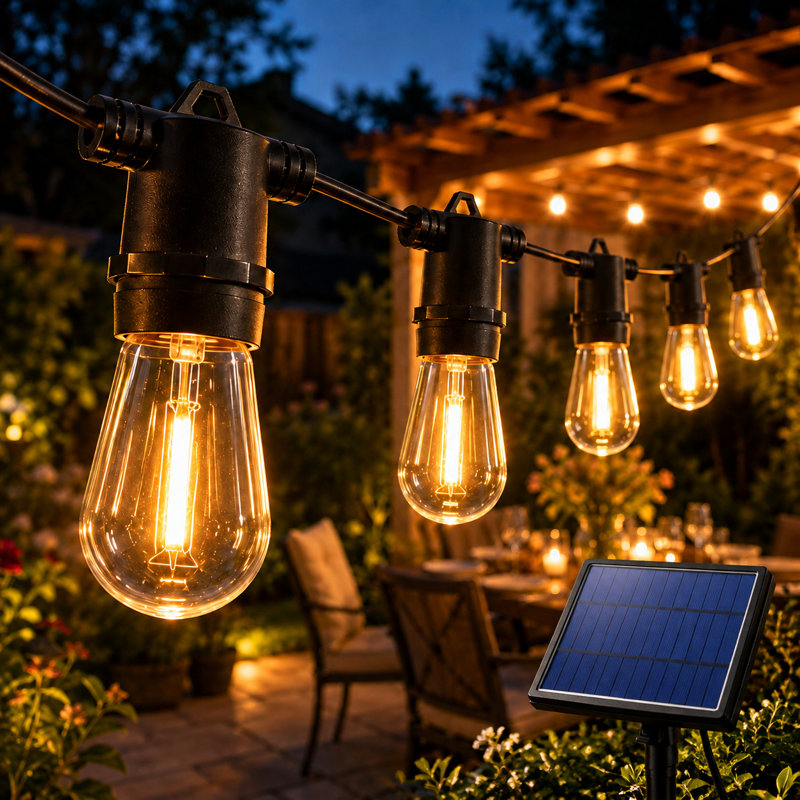 Guirlande lumineuse solaire et rechargeable par USB de 15 mètres (49 pieds), étanche IP65, avec télécommande, idéale pour décorer votre terrasse ou votre patio à Noël. 16 ampoules. Télécommande incluse.