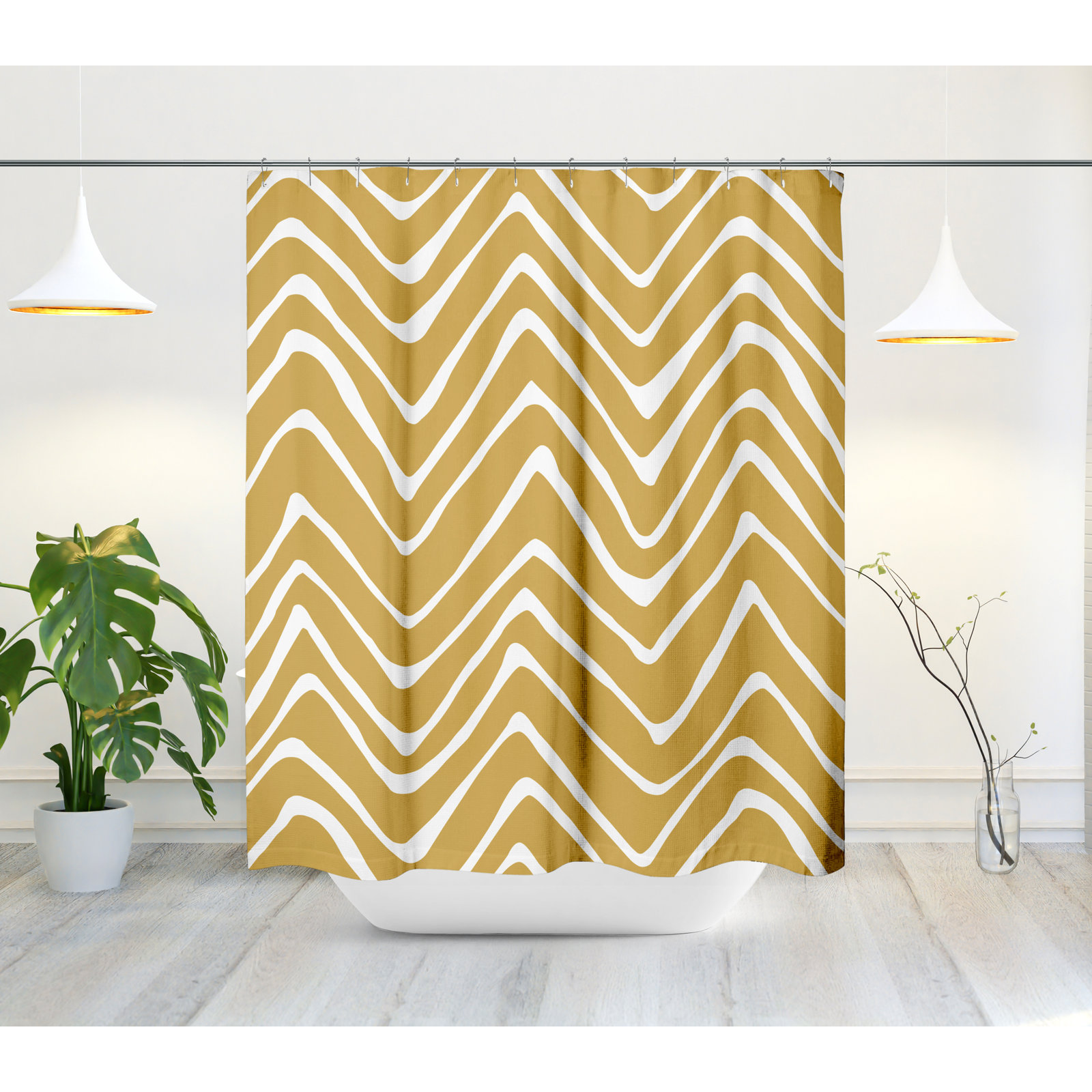 Polyester Shower Curtain, Mustard/White