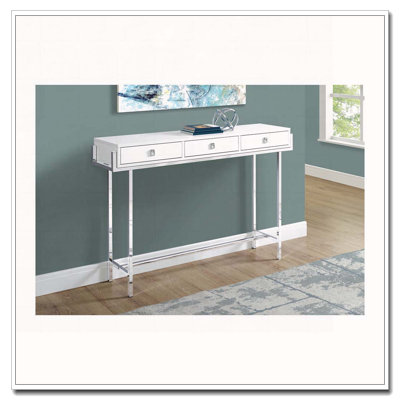Table d'appoint, console, vestibule, étroit, canapé, tiroir de rangement, salon, chambre à coucher, stratifié blanc brillant, métal chromé, contemporain, moderne
