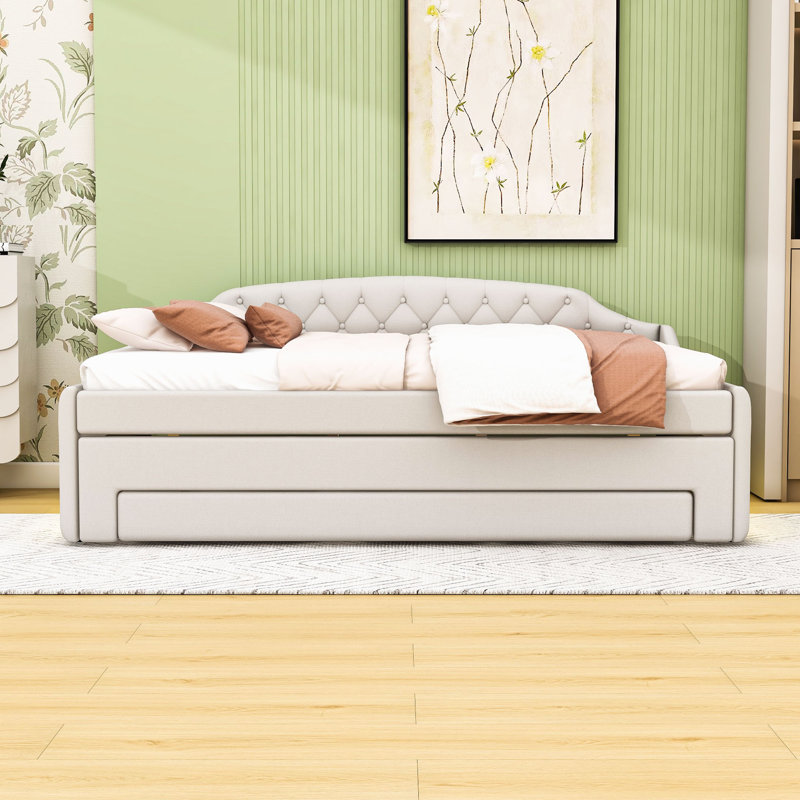 3 Drawers Upholstered Full Daybed with Twin Trundle and LED Lighting, Beige