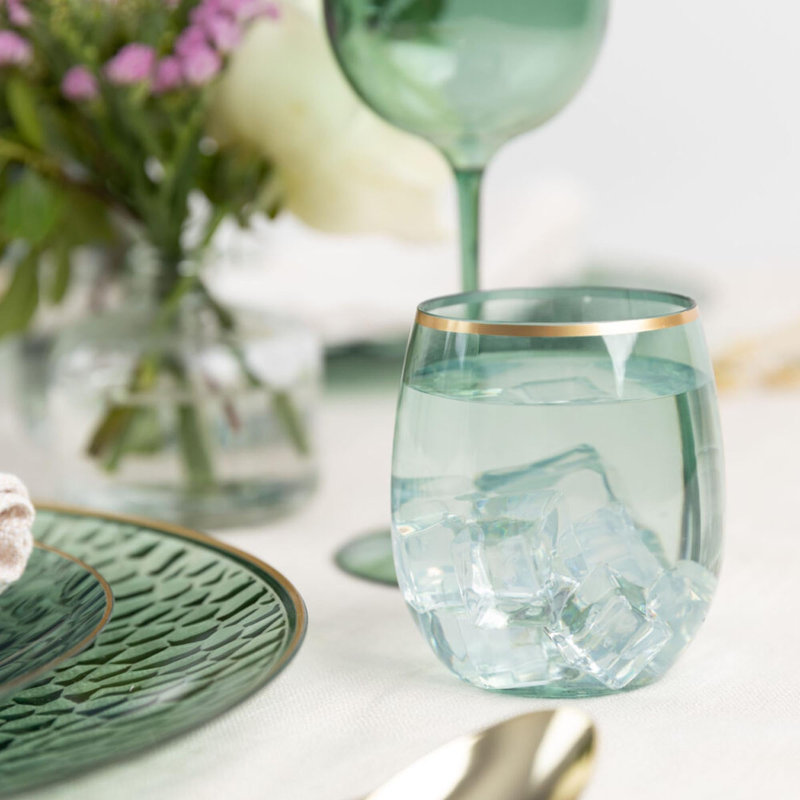 Verres à vin sans pied en plastique verts 12 oz avec bordure dorée Ecoqualité, Set of 24