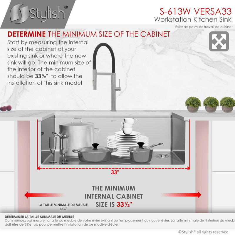 Versa STYLISH 33 inch Workstation Single Bowl Undermount 16G Kitchen Sink with Built in Accessories, Brushed Stainless Steel