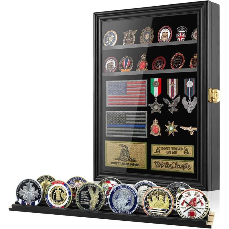 Lockable Display Case For Challenge Coins And Medals With Removable Shelves, Wall Mountable Shadow Box With UV Protection Glass And Velvet Lining