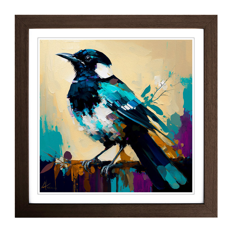Magpie Palette Knife Painting No.1 - Single Picture Frame Print on Wood, Walnut