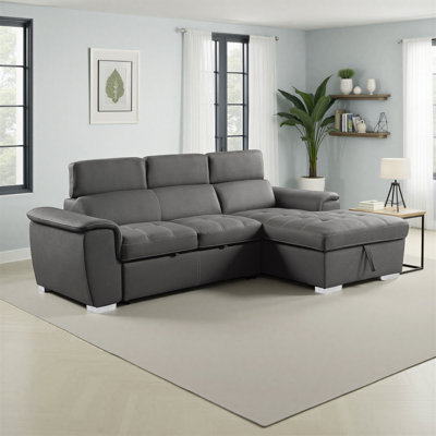 Caisse 98" Modern & Contemporary Microfiber 2-Piece Sectional Sofa with Integrated Pull-Out Sleeper Bed, Adjustable Headrests & Hidden Storage Chaise