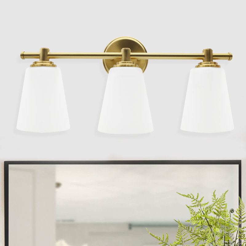 Miroir de salle de bain doré 3 lumières 3 lumières, luminaires de salle de bain avec abat-jour en verre givré, applique murale moderne, douille E26 (ampoules non incluses)