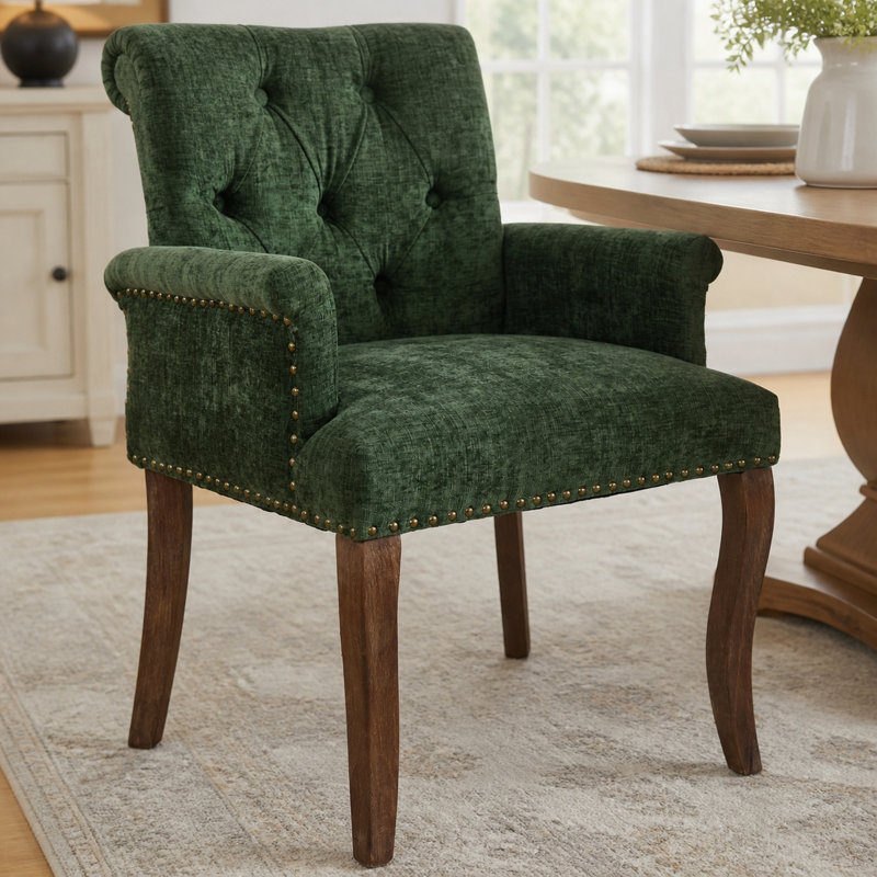 Chaise rembourrée capitonnée avec accoudoirs en chenille et pieds en bois massif, vert olive, Vert olive