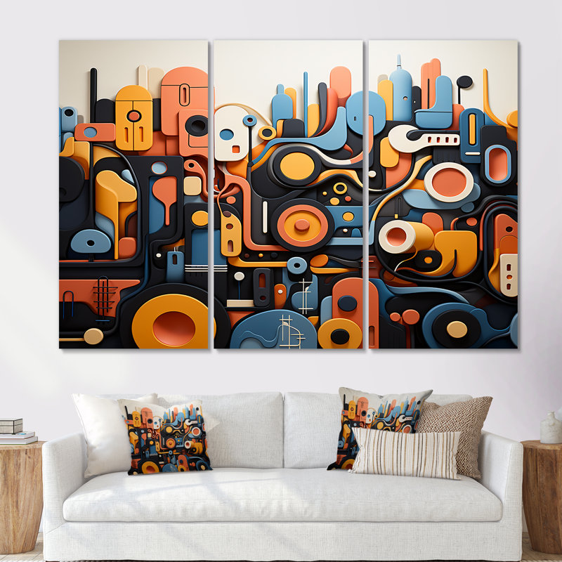 Fusion abstraite bleue et jaune, formes abstraites - Art mural abstrait, Toile tendue, H 32 po x l 48 po x P 1 po