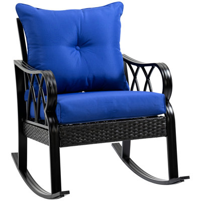 Chaise berçante Backyard - bleu. Siège rembourré avec coussins. Aluminium. Base en métal robuste. Conception résistante aux intempéries. Chaise de patio bleue de 26,51 po de largeur. Coussins et détails. Base de meuble stable à bascule.
