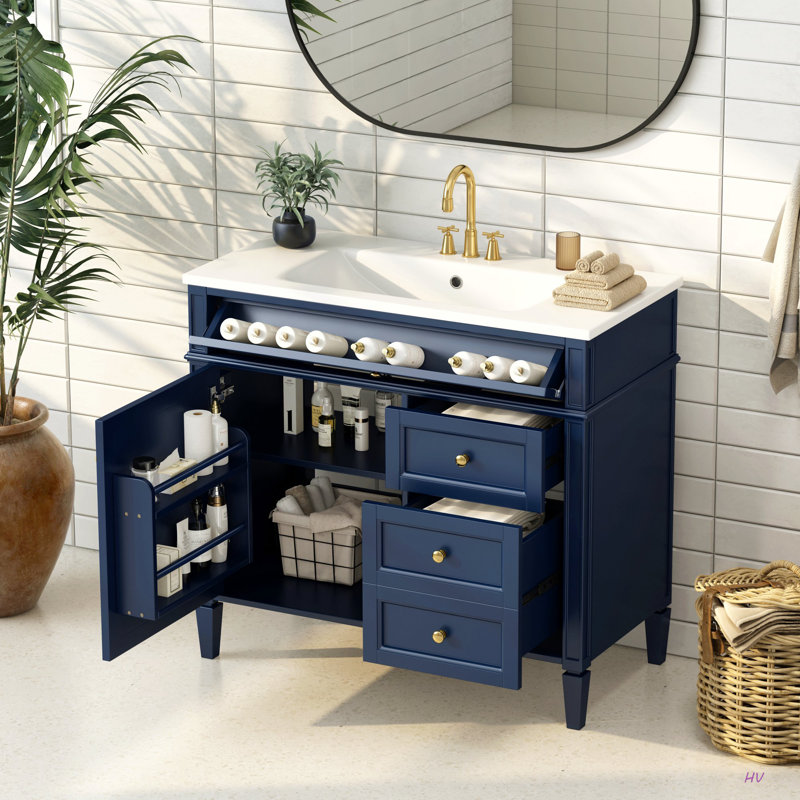 Meuble-lavabo de 36 po avec lavabo supérieur, meuble-lavabo moderne avec 2 tiroirs et tiroir escamotable, meuble-lavabo simple