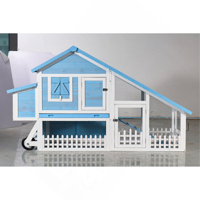 Cage à lapin en bois 76 po avec toit en asphalte imperméable 76 po, piste extérieure amusante, plateau et rampe amovibles, bleu clair