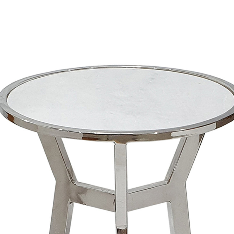 Side End Table, 18 Inch Round White Marble Top, Silver Steel X Base