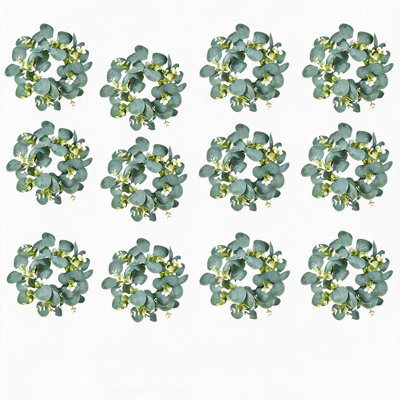 Eucalyptus Candle Rings 12 Pack, 4 Inch Center Green Wreaths for Pillar Candle Holders, Wedding Decor