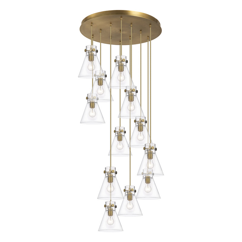 Luminaire suspendu 12 lumières Amrith, Laiton brossé, Transparent