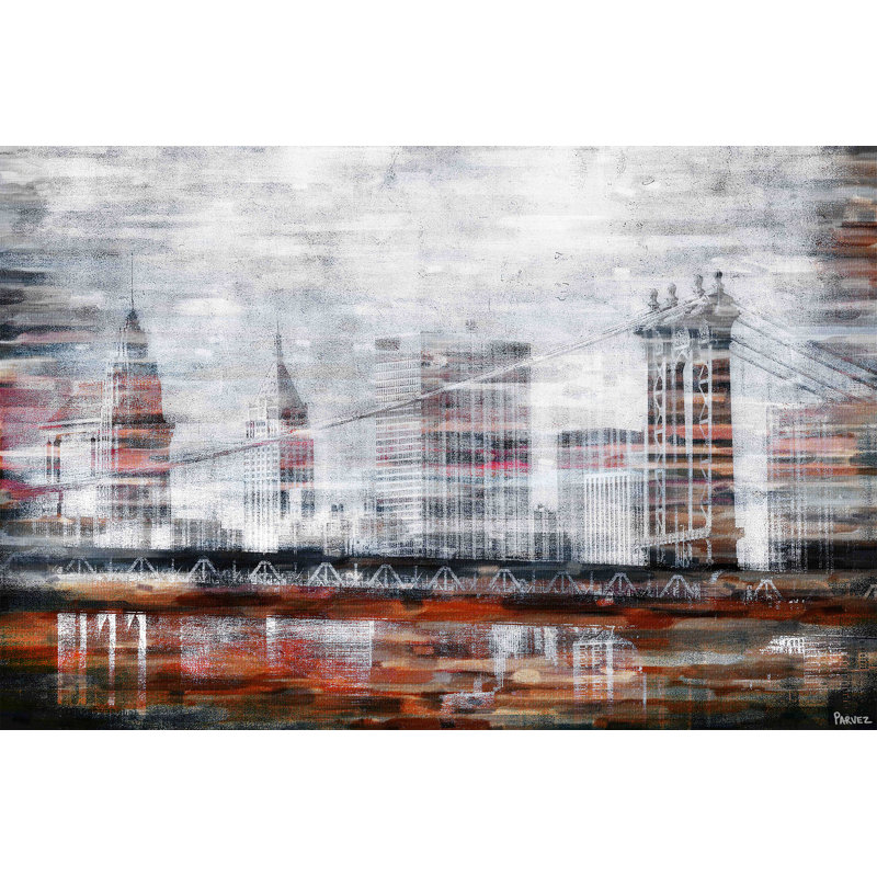 «Brooklyn Bridge View» par Parvez Taj, reproduction d'art graphique sur toile tendue, H 24 po x l 36 po x P 1,5 po