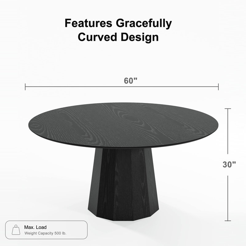 Solid Wood Dining Table Round Pedestal Kitchen Table, 30”H x 60”L x 60”W, Black