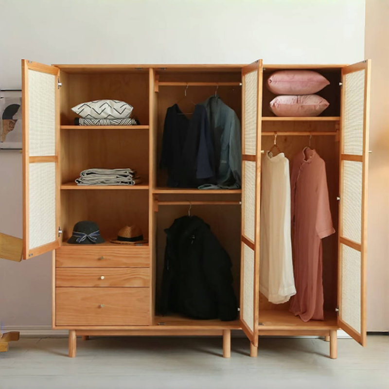 Armoire simple en bois massif et rotin tissé
