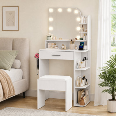 Jaseria Makeup Vanity Set with LED Lighted Mirror & Power Outlet for Bedroom