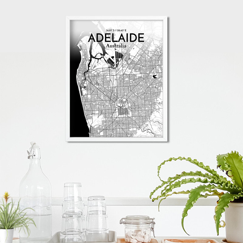Adelaide City Map, impression, Noir et blanc, H 20 po x l 16 po