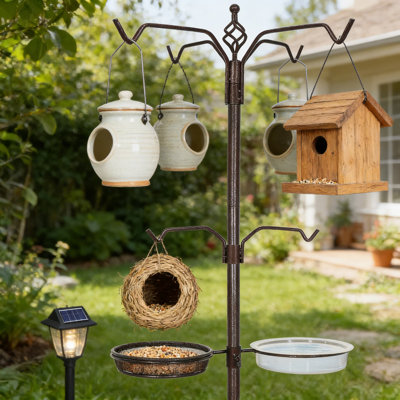 94-Inch Heavy Duty Bird Feeder Pole With Squirrel Baffle, 6-Hook Feeding Station Kit Includes 4 Bird Feeders, Mesh Tray & Water Bowl For Attracting Wild Birds