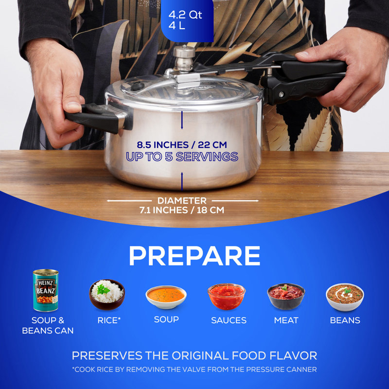 Universal (4.2 Quart / 4 Liter) Pressure Cooker, 5 Servings, Aluminum Pressure Cooker With Multiple Safety Systems and Heat Resistant Handles For Stews, Soup, Meat, and Beans