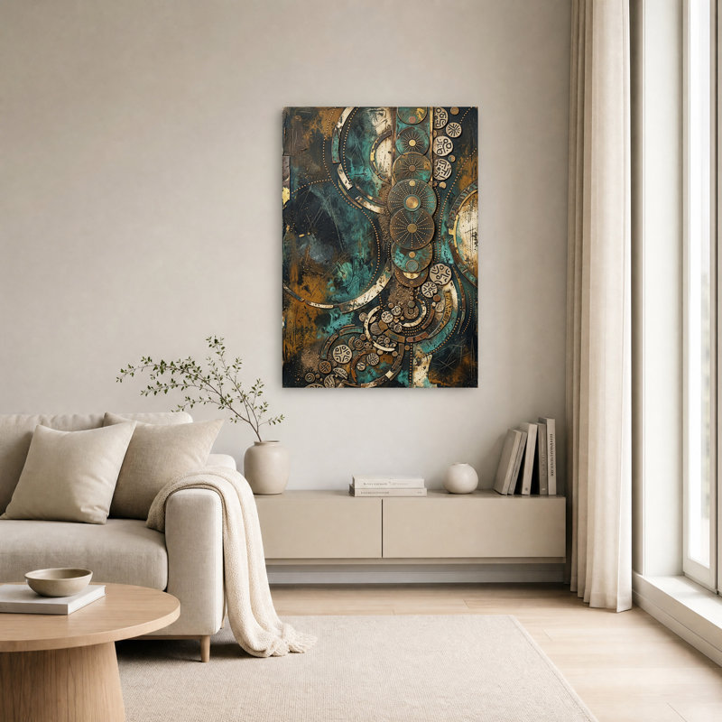 Tableau sur toile aux formes géométriques abstraites turquoise et or, H 36 po x l 24 po