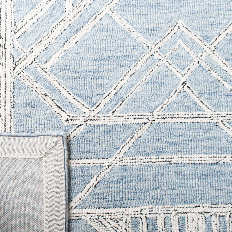 Tapis bleu clair / ivoire en laine et coton touffetés à la main Rosalind, Carré 5 pi