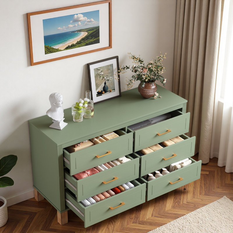 Commode 47,24 po avec 6 tiroirs, poignées en métal et pieds en bois, Vert sauge