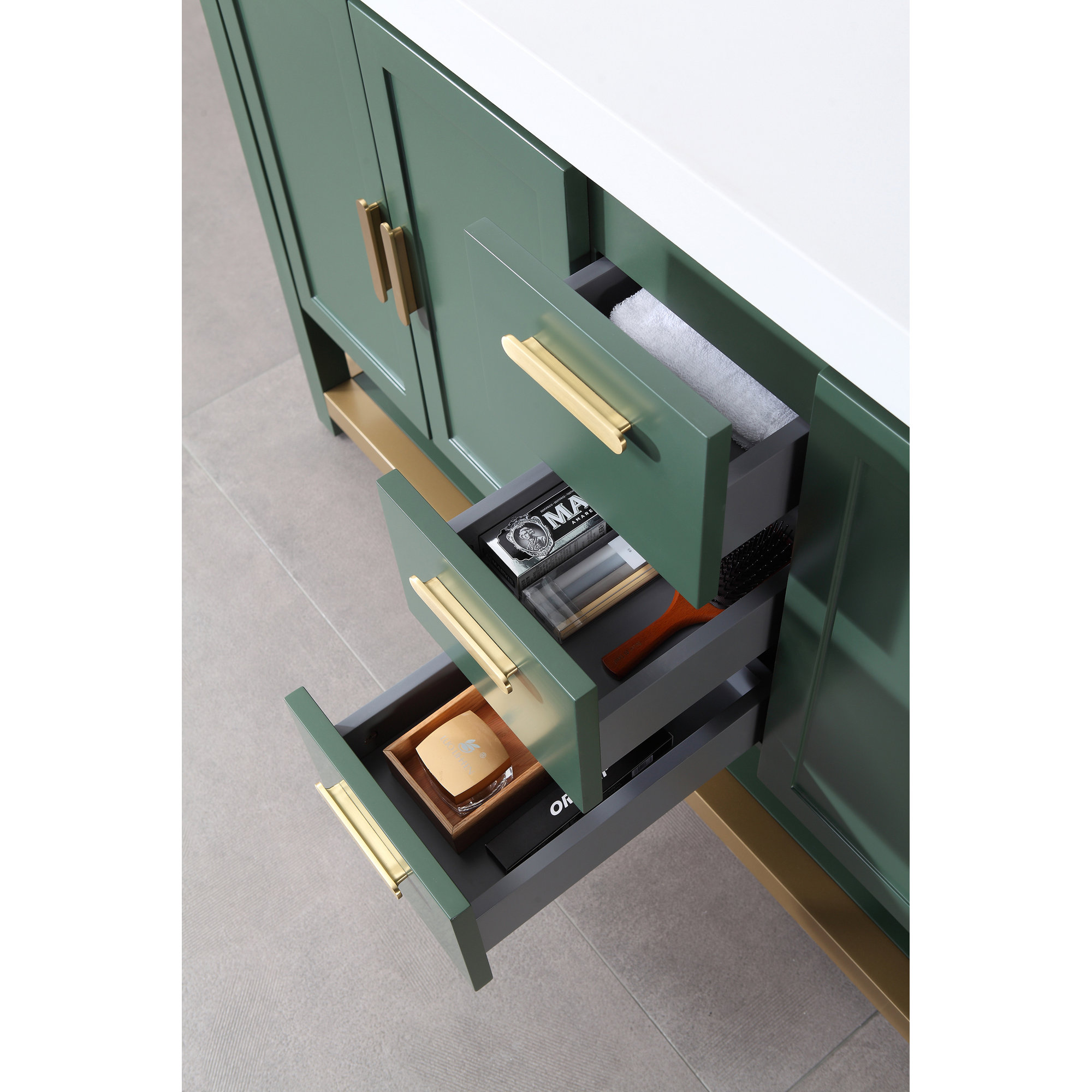 Willard 60" Veneer Plywood Bathroom Vanity with Engineered Quartz Top, Forest Green, White